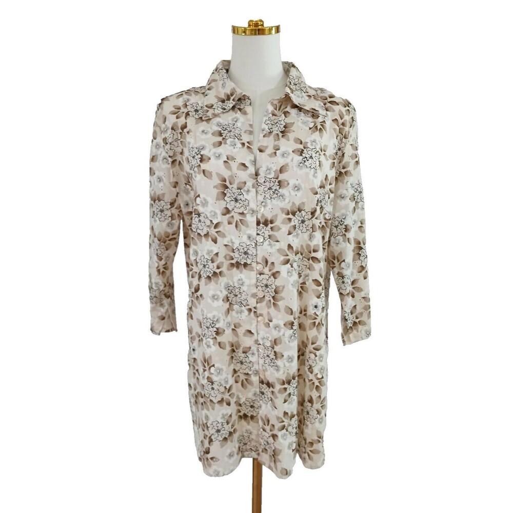 Women's 14/16 Long Top 100% Cotton Floral Lightweight Eyelet Modest Office Work